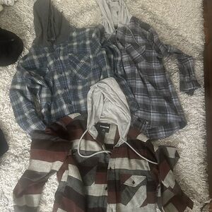 3 RSQ Plaid Hooded Shirts - Blue & Gray